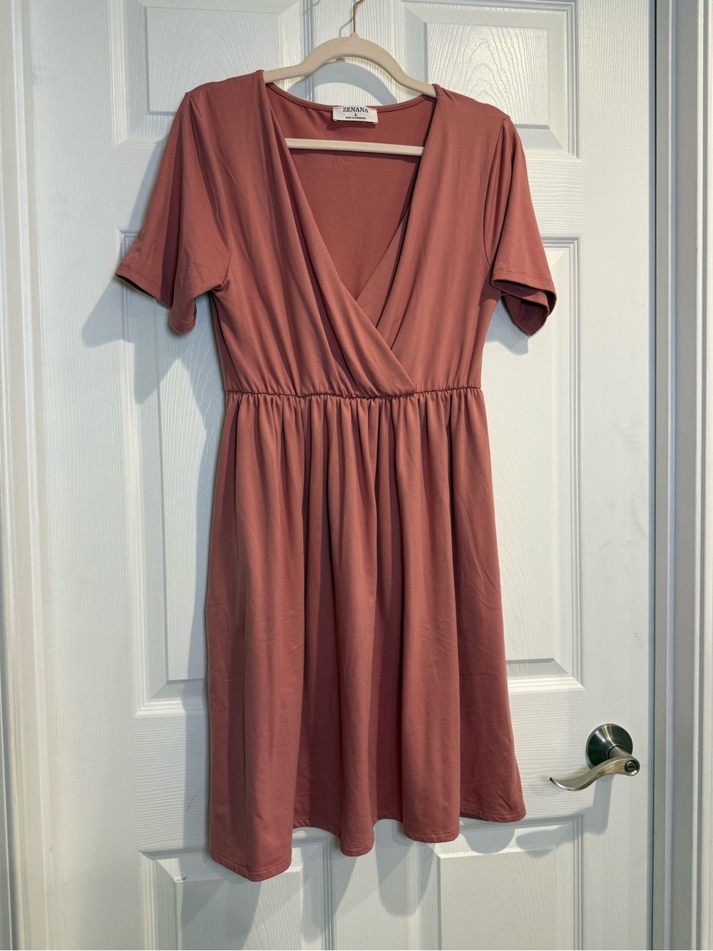 Zenana Outfitters Dusty Rose Wrap-Front Short Sleeve Dress